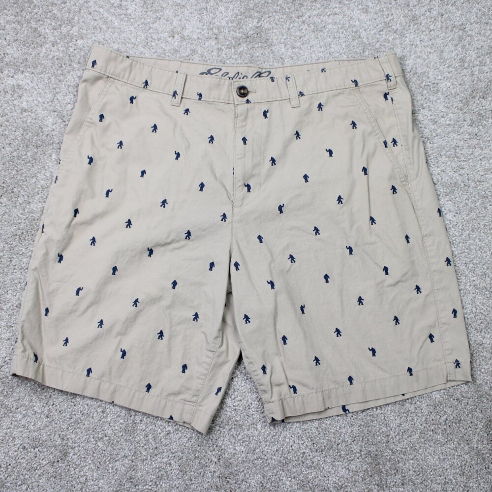 Eddie Bauer AOP Chino Shorts Mens 36 Brown Bigfoot All Over‎ Print w/ 9" inseam